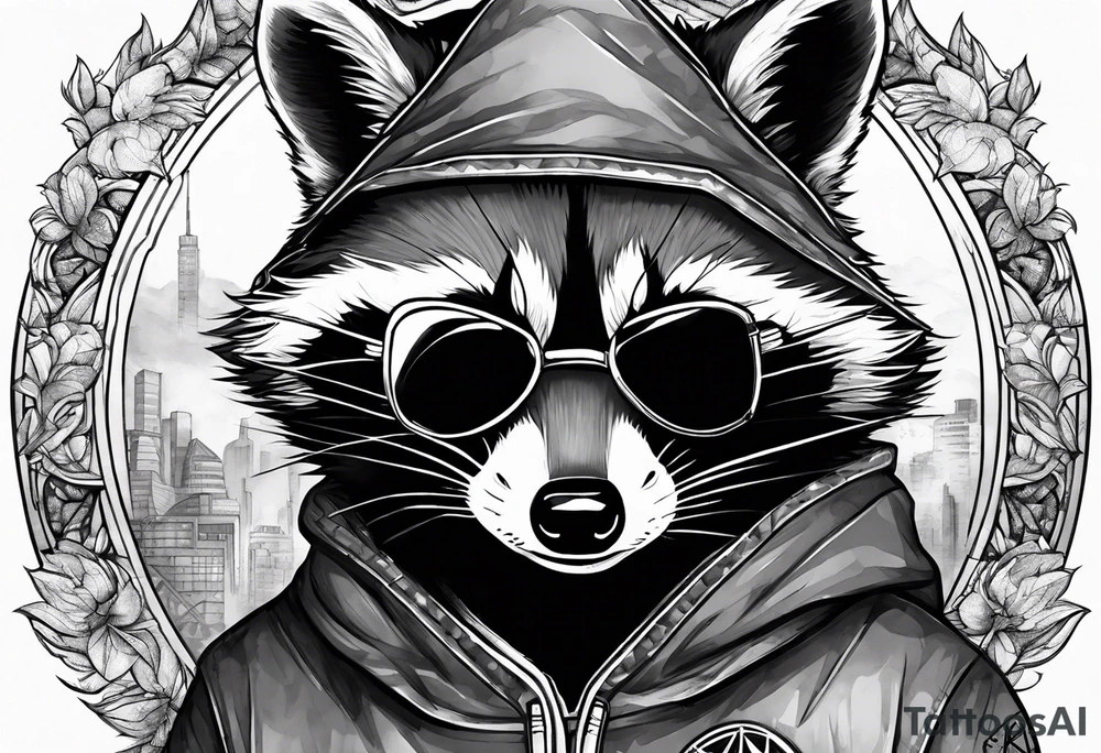 raccoon wearing a Superman hoodie tattoo idea