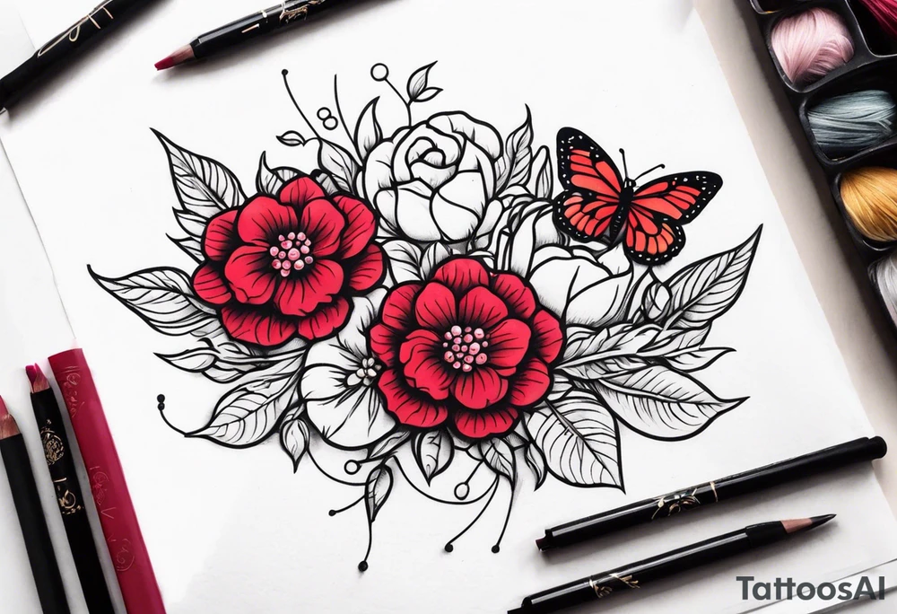 Flowers with Ruby and butterflies around it tattoo idea Flowers with Ruby and butterflies around it tattoo idea
