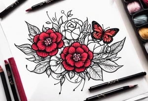 Flowers with Ruby and butterflies around it tattoo idea