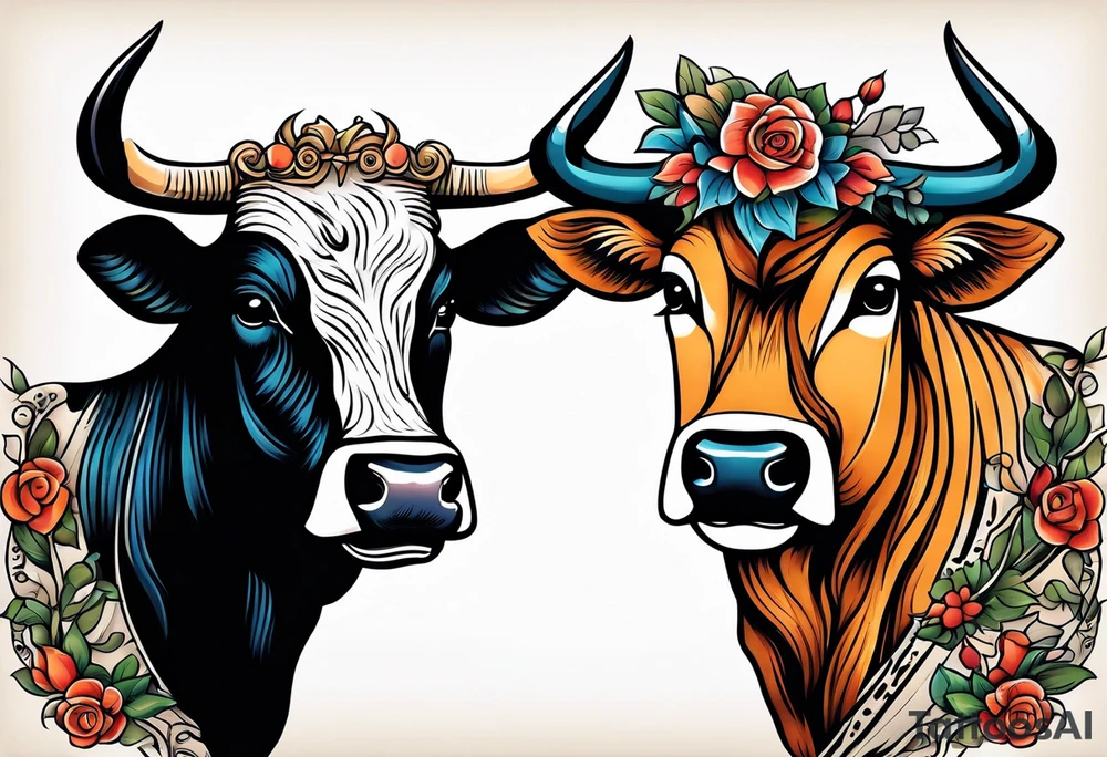 a cow and an owl standing next to each other with sheets over their heads tattoo idea