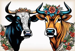 a cow and an owl standing next to each other with sheets over their heads tattoo idea