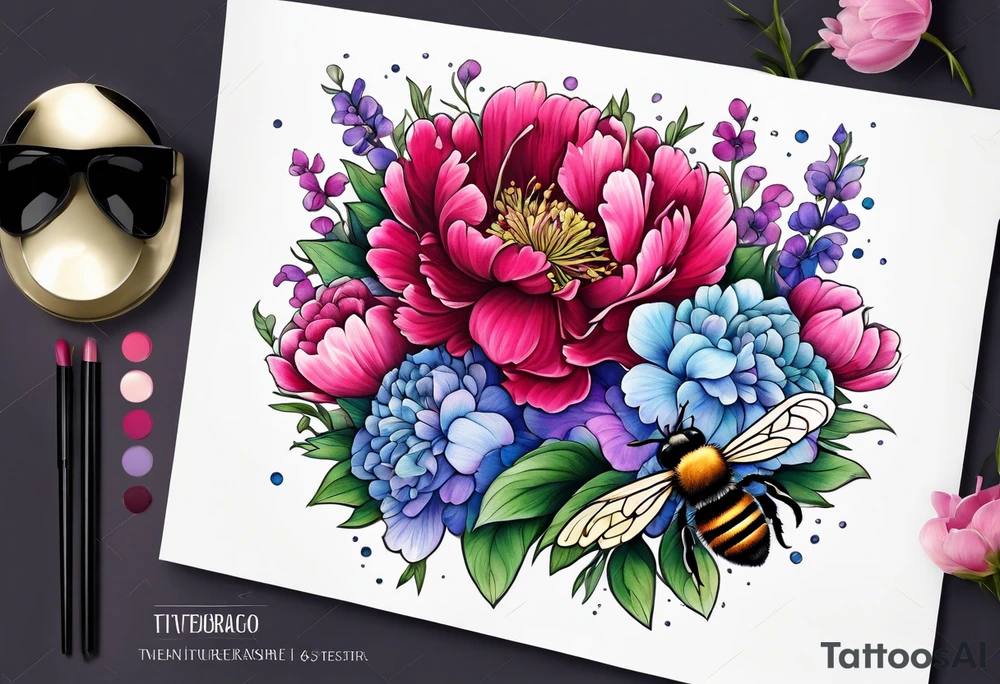 Vibrant peony with hydrangea and petunias foliage and a bee tattoo idea