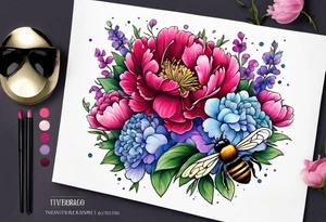 Vibrant peony with hydrangea and petunias foliage and a bee tattoo idea