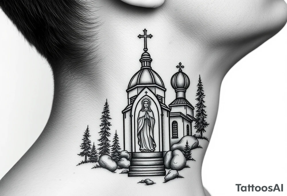 russian coat arms traditional christian orthodox cross with a virgin mary stood in the entrance of a russian orthodox dome church on the side of the neck in a wilderness setting tattoo idea