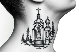 russian coat arms traditional christian orthodox cross with a virgin mary stood in the entrance of a russian orthodox dome church on the side of the neck in a wilderness setting tattoo idea