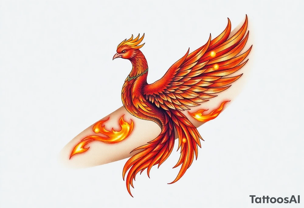 large fiery phoenix surrounded by fire. with a crown of fire flapping wings with a flaming tail tattoo idea