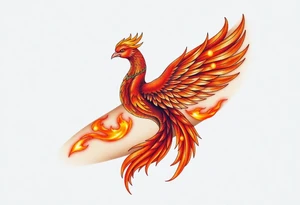 large fiery phoenix surrounded by fire. with a crown of fire flapping wings with a flaming tail tattoo idea