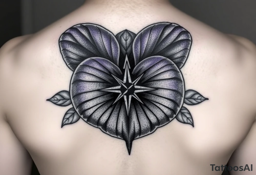 detailed realist single African violet with a clear compass rose at its center representing growth and feminine strength should also feature an ankh or Celtic knot tattoo idea