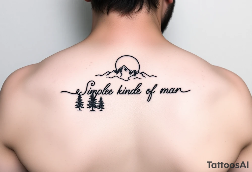 A minimalist tattoo with the words ‘Simple Kind of Man’ in handwritten script, framed by pine trees, mountains, and a rising sun. Evokes peaceful strength and humility. Fine line blackwork for the forearm. tattoo idea