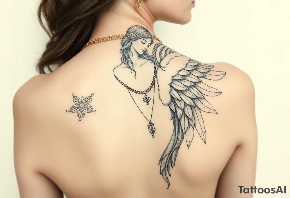 Create a statue of some angel, ruined with criminal corruption, tattoos, jewelry, gold necklaces. I would like this to be placed on the left arm. tattoo idea