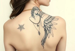 Create a statue of some angel, ruined with criminal corruption, tattoos, jewelry, gold necklaces. I would like this to be placed on the left arm. tattoo idea