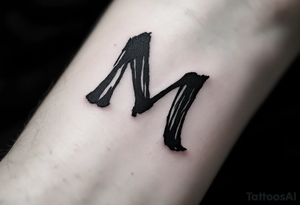 A handwritten "M" in ink-wash black, giving it a natural, imperfect flow. tattoo idea