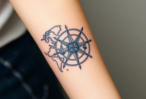 antique compass rose overlaid on weathered world map with sailing ships tattoo idea