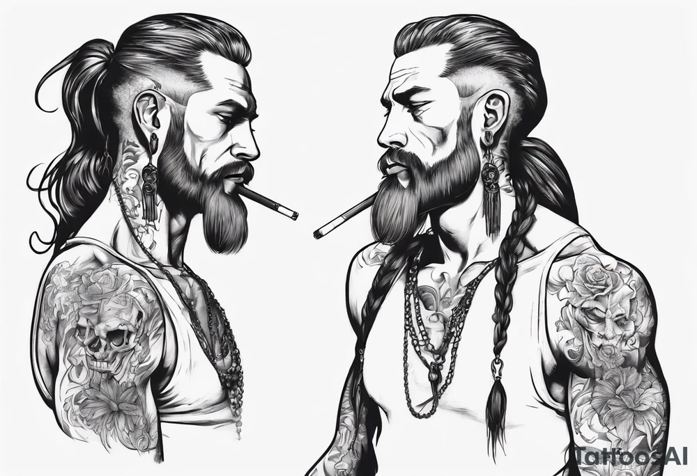 Man standing full-length, with long hair in a ponytail, smoking, earrings in ears, no headgear tattoo idea