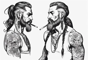 Man standing full-length, with long hair in a ponytail, smoking, earrings in ears, no headgear tattoo idea