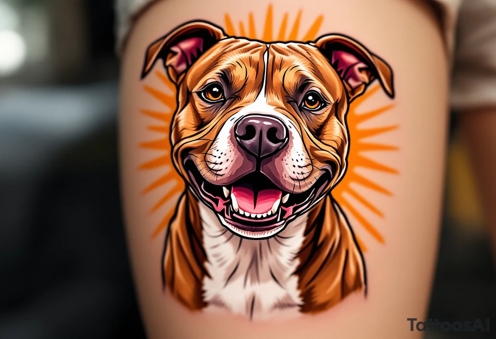 Portrait of a smiling pitbull, soft brown fur and white chest, playful expression, set against a sunburst background in warm orange tones. tattoo idea