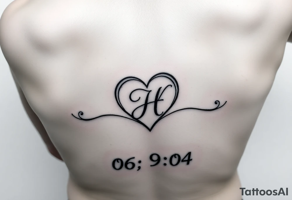 06/9/04 under the date is a heart inside the heart is a letter H in cursive on the lower back waist tattoo idea