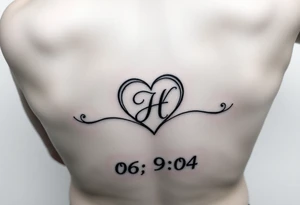 06/9/04 under the date is a heart inside the heart is a letter H in cursive on the lower back waist tattoo idea