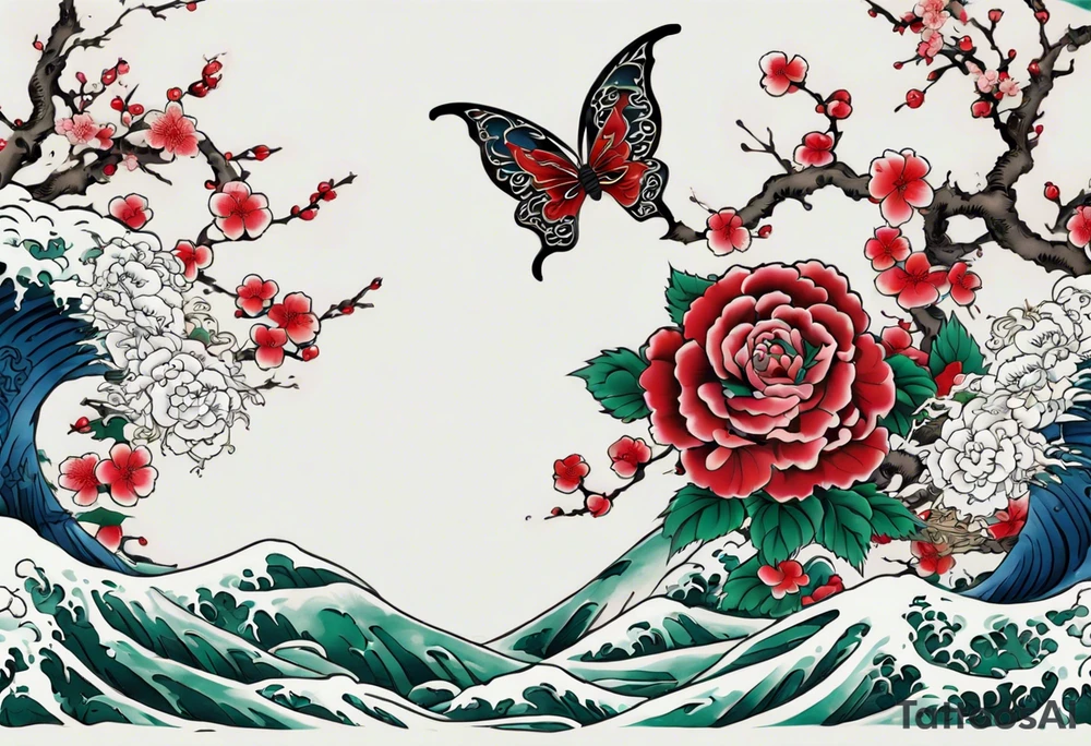 Japanese floral cherry blossom and irezumi back ground in filler for a green traditional Chinese dragon and great waves and red rose and blue butterfly tattoo tattoo idea