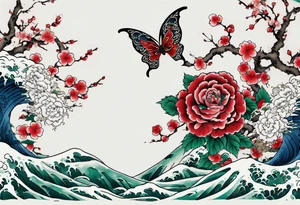 Japanese floral cherry blossom and irezumi back ground in filler for a green traditional Chinese dragon and great waves and red rose and blue butterfly tattoo tattoo idea