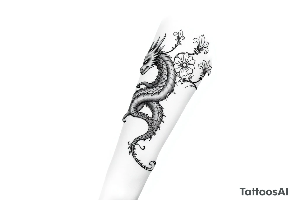 un dragon central entouré de fleurs de lys de style avec des ombrages dans un style assez fin tattoo idea