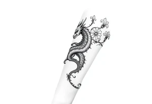 un dragon central entouré de fleurs de lys de style avec des ombrages dans un style assez fin tattoo idea