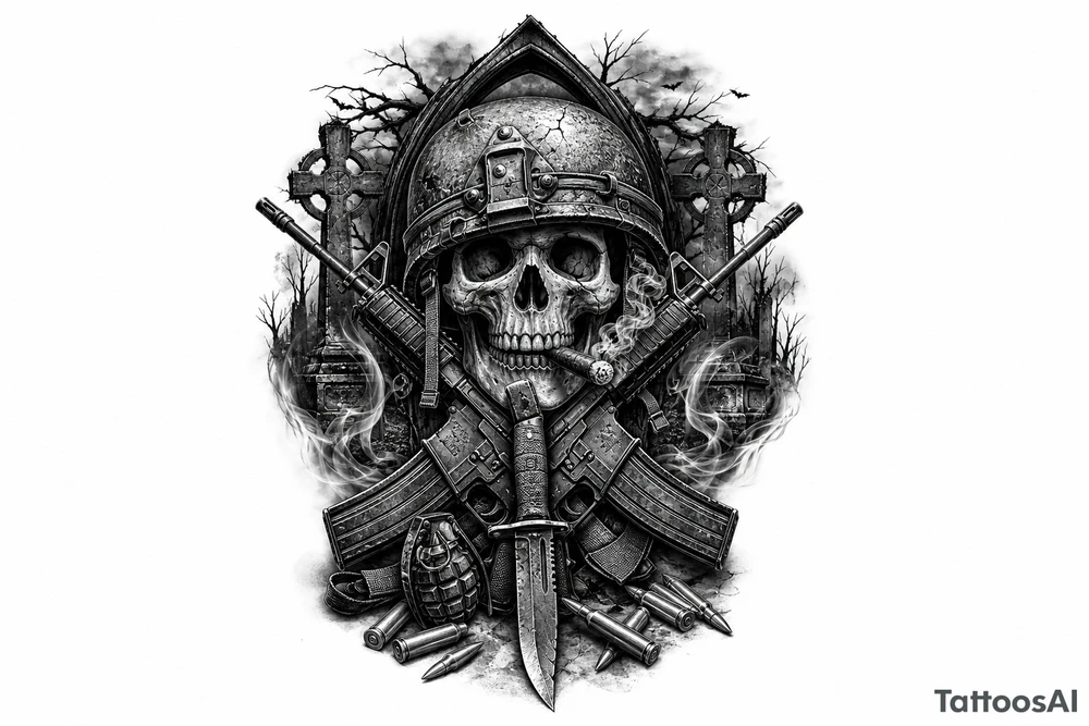 Dark fantasy graveyard, skull in helmet, cigar, crossed rifles, knife, grenade, cartridges. tattoo idea