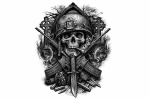 Dark fantasy graveyard, skull in helmet, cigar, crossed rifles, knife, grenade, cartridges. tattoo idea