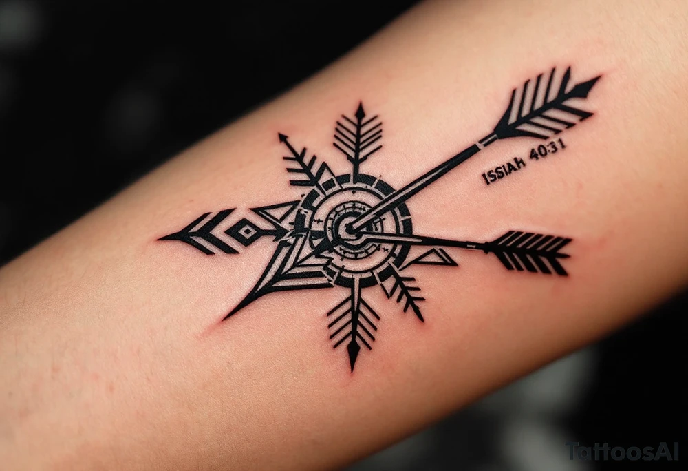 native american full-length arrow saying "Isaiah 40:31" tattoo idea