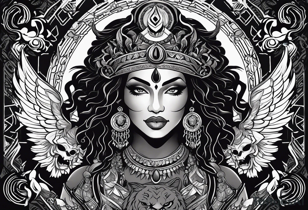 black kali, goddess pirate, alien, angel, pachamama, valkrye, warrior, flying, skull, lotus azul, wing, eagle, zenza resonance, stars, 5D, anahata chakra, death, durga, riding on a tiger, flying lady, kundalini, chest tatoo, rebel tattoo idea