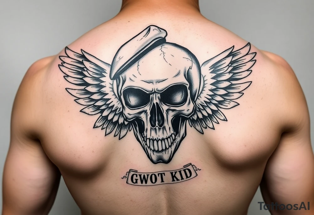 Create me military tattoo with skull, beret on skull and word that say GWOT kid with wings tattoo idea