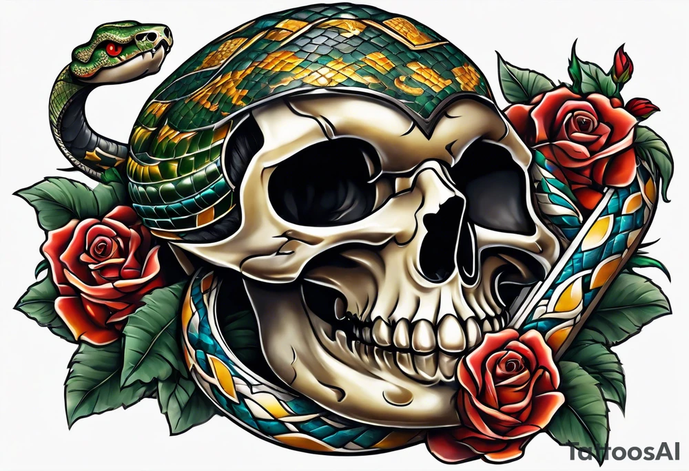 Snake wrapped around a dagger piercing through a skull tattoo idea
