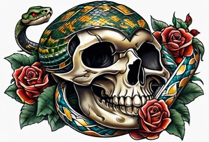 Snake wrapped around a dagger piercing through a skull tattoo idea