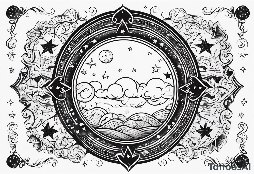 circle vignette frame surrounded by stars clouds tattoo idea