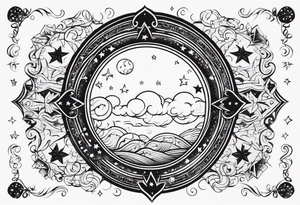 circle vignette frame surrounded by stars clouds tattoo idea