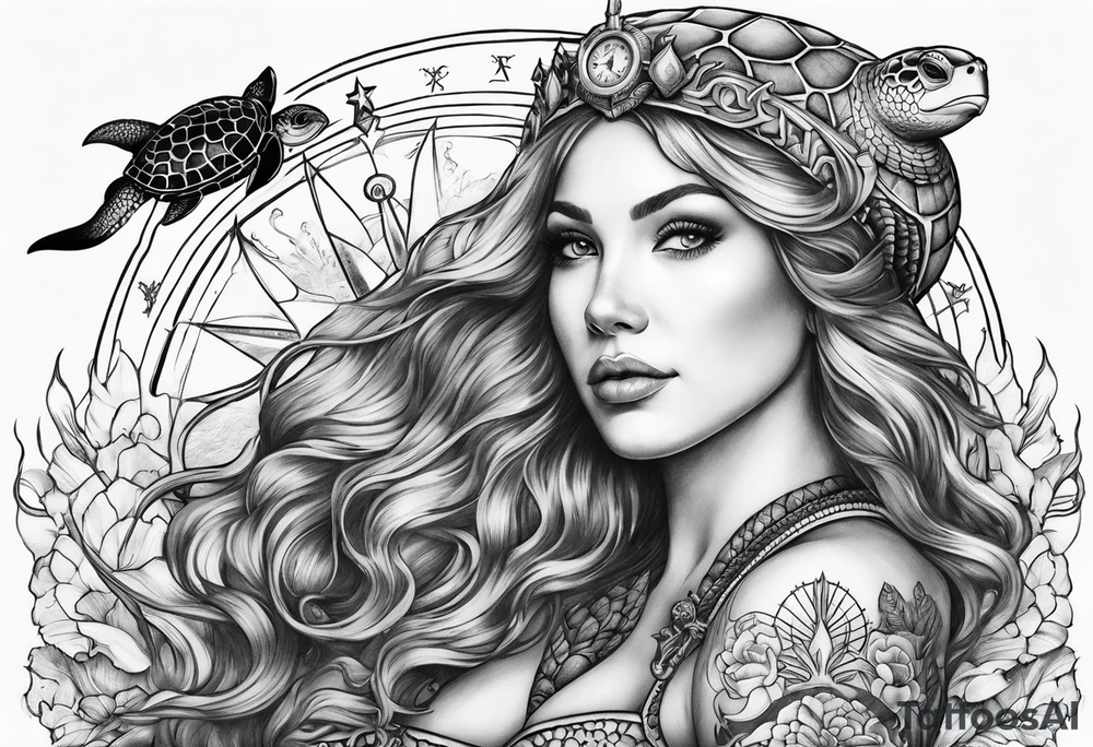 Full Mermaid with trident and crown, sea turtle, compass, cresent moon tattoo idea