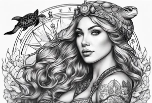 Full Mermaid with trident and crown, sea turtle, compass, cresent moon tattoo idea