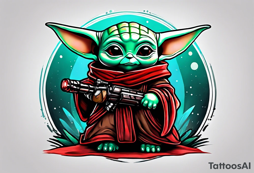 Baby yoda with red lightsaber wearing mandalorian armor tattoo idea