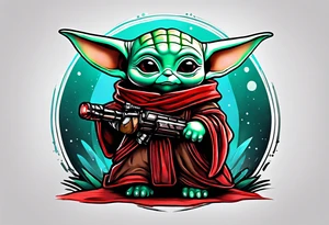 Baby yoda with red lightsaber wearing mandalorian armor tattoo idea