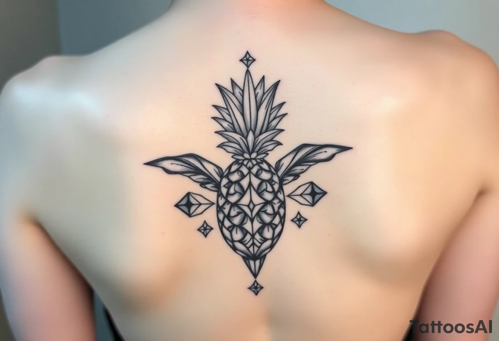 Design around a vagina and anus using a pineapple with diamonds and magestic, crown, vagina, anus, pubic tattoo idea