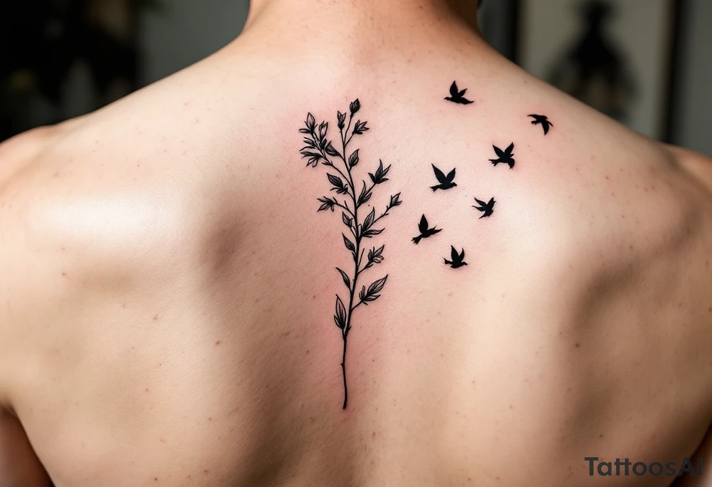 A wood violet blowing in the wind with pedals floating away turning into birds tattoo idea