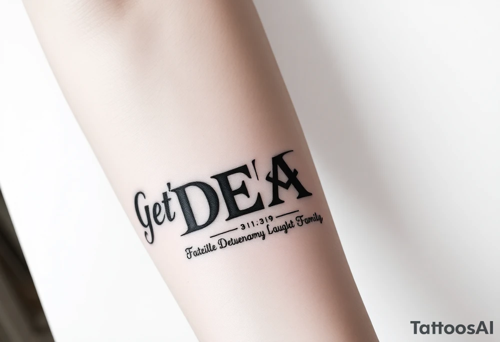 I want a cool design that includes the words “Don’t Get Dead” and includes the scripture reference Deuteronomy 30:19. Also I want something representing each of the 4 members of my family. tattoo idea