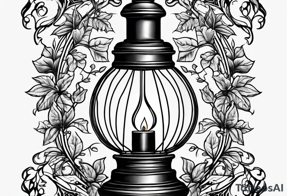 Oil lamp surrounded by leafy vines tattoo idea