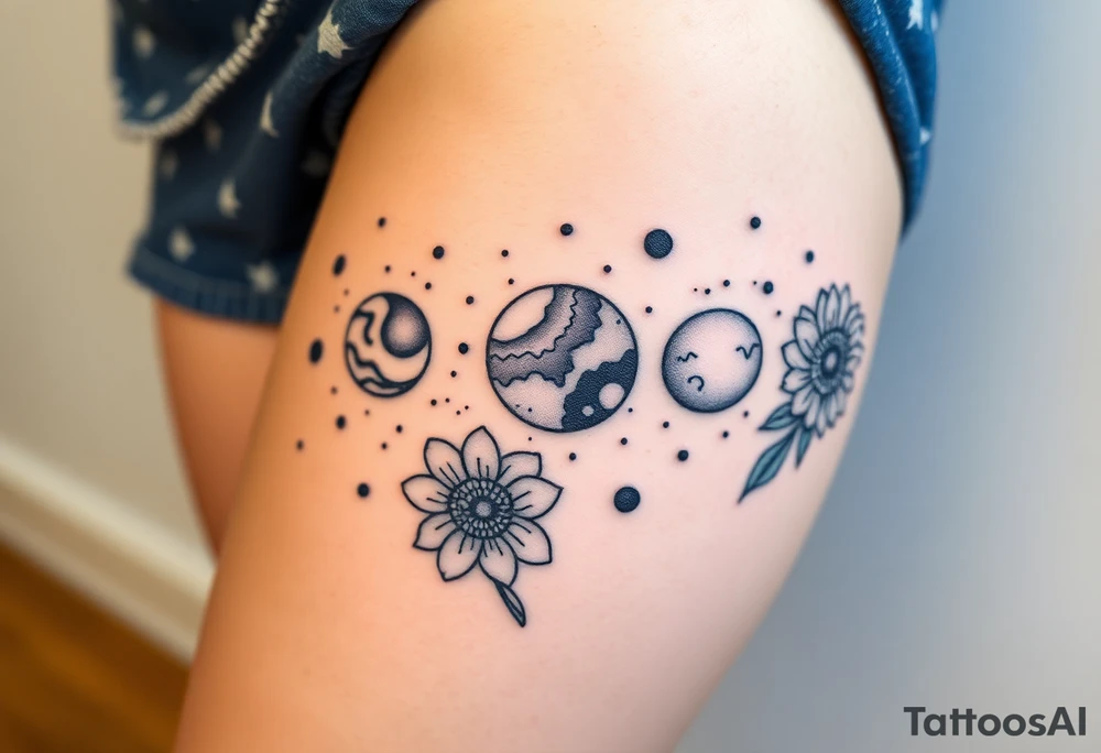 Milky way galaxy with planets with zodiac symbols and protection runes in it with tigerlillies roses and sunflowers tattoo idea