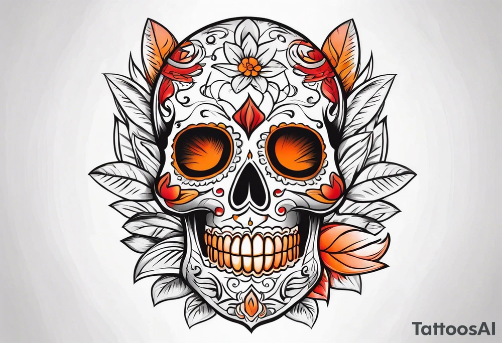 Mexican skull with smoke coming from the bottom orange and red tattoo idea