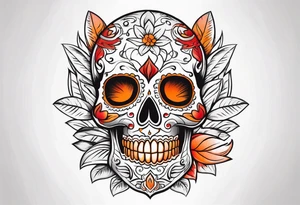 Mexican skull with smoke coming from the bottom orange and red tattoo idea