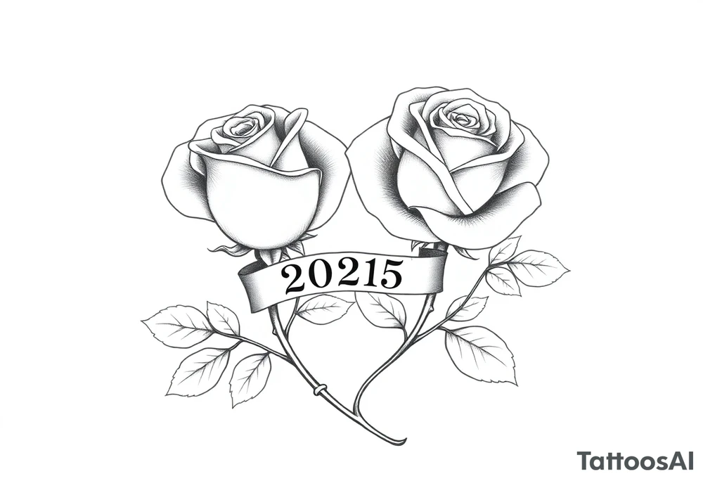 two beautiful large rose buds, one larger than the other, with many leaves next to the rose buds, with one sitting higher than the other. Include a banner connecting the two roses with "2025" on it.   Use dark outlines with little shading. The two stems should be short, not long, and connect and join into one stem, whimsically curved or twisted - not straight down. tattoo idea