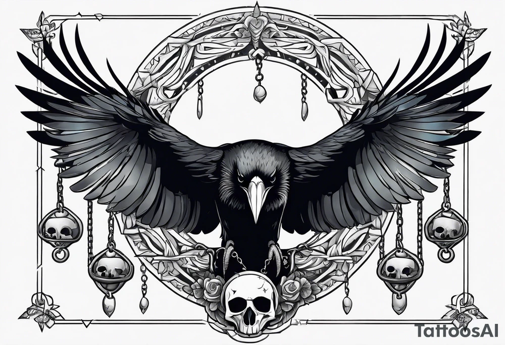 A raven with two skulls hanging from its talons by an old chain tattoo idea