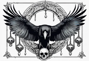 A raven with two skulls hanging from its talons by an old chain tattoo idea