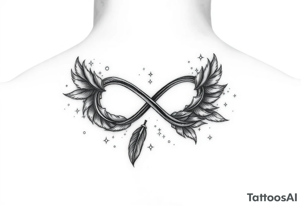 infinity symbol woven with floating feathers and stardust tattoo idea